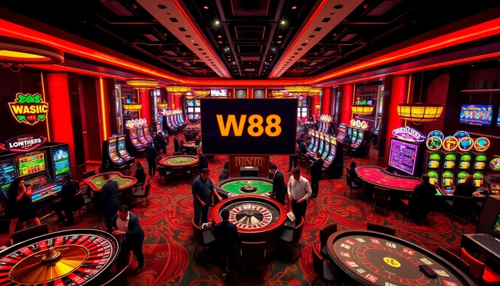 Exciting casino scene showcasing W88 link with gamblers, poker tables, and vibrant slot machines.