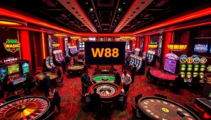 Exciting casino scene showcasing W88 link with gamblers, poker tables, and vibrant slot machines.