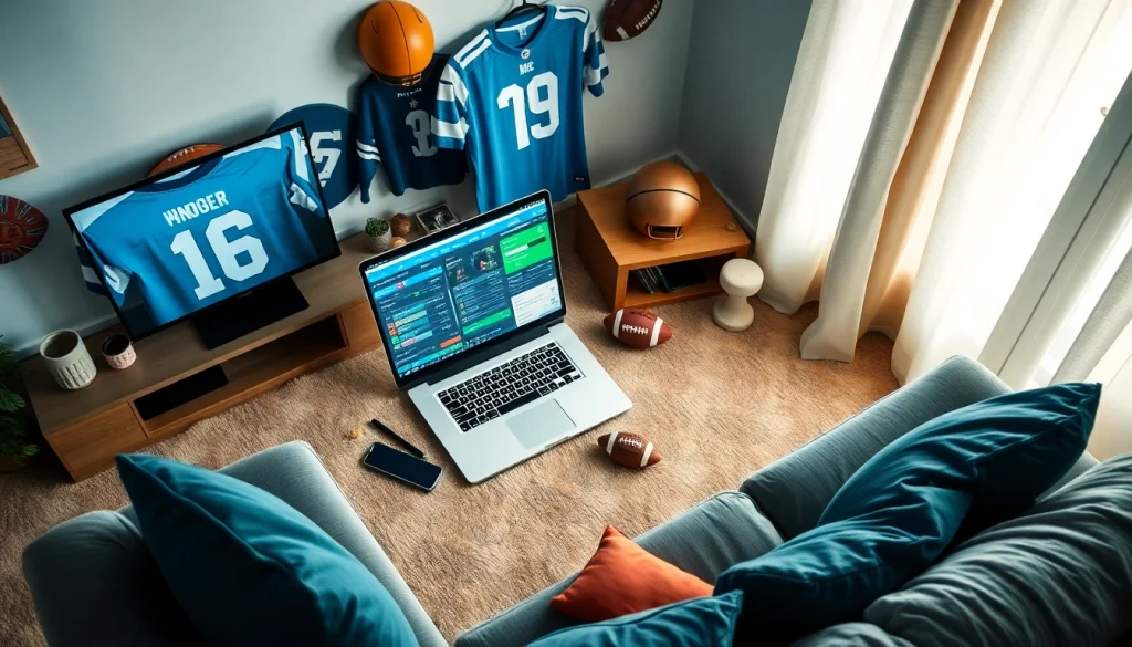 Engaging view of online sportsbooks South Carolina displayed on a laptop in a cozy sports-themed setting.