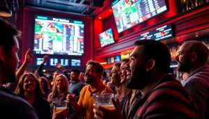 Engaging scene of sports fans celebrating online sportsbooks Georgia activities in a vibrant bar setting.