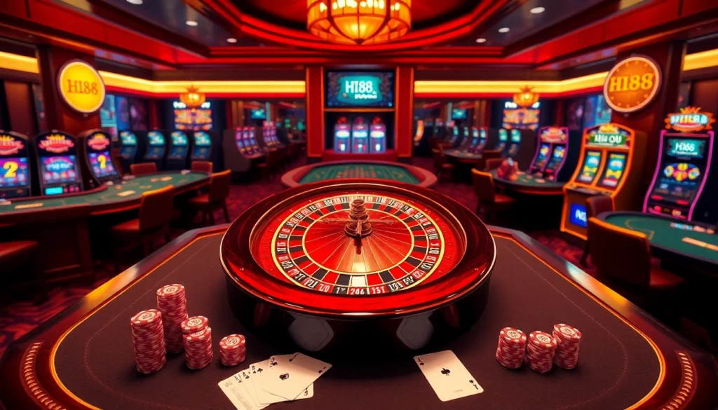 Experience thrilling gambling action at Hi88 with vibrant casino tables and roulette wheels.