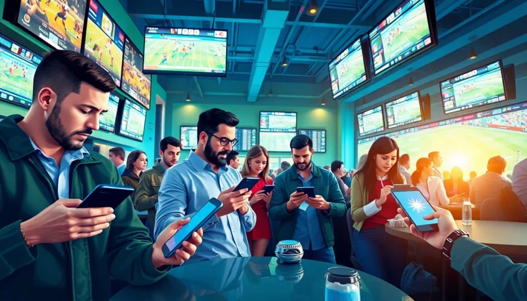 Engaged bettors using online sportsbooks California in a vibrant sports lounge.