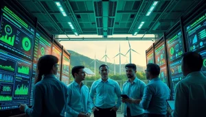 Modern cryptocurrency facility highlighting dogecoin cloud mining profit with AI analytics, renewable energy sources, and diverse professionals.