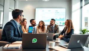 Enhance your efficiency with WhatsApp Business CRM displayed in a modern office collaboration.
