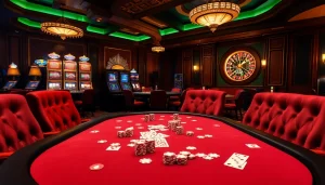Experience luxury gaming at SHBET.law with a vibrant poker table setup filled with chips and cards.