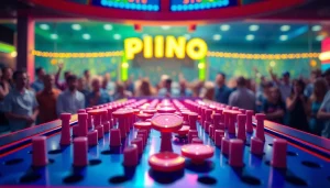 Permainan plinko demo di tengah keramaian, menampilkan disk berkilau yang siap dijatuhkan.