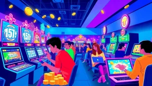 Situs kode4d engaging gaming scene with diverse players and vibrant slot machines