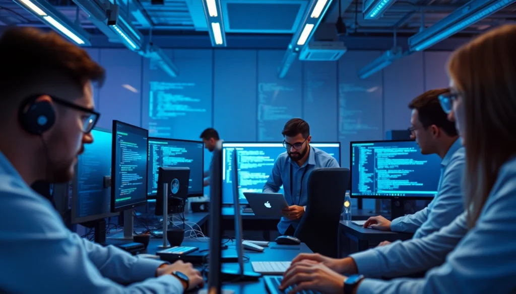 Innovative software engineering workspace with developers collaborating on technology solutions.