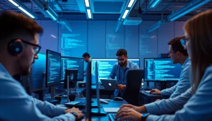 Innovative software engineering workspace with developers collaborating on technology solutions.