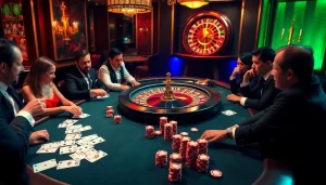 A thrilling poker game at 555win com, showcasing chips and cards in an upscale casino setting.