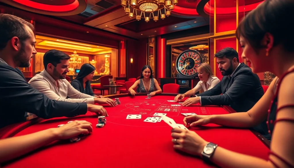 Players enjoying a poker game at QH88 casino, featuring chips and cards in an elegant setting.