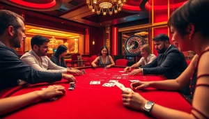 Players enjoying a poker game at QH88 casino, featuring chips and cards in an elegant setting.