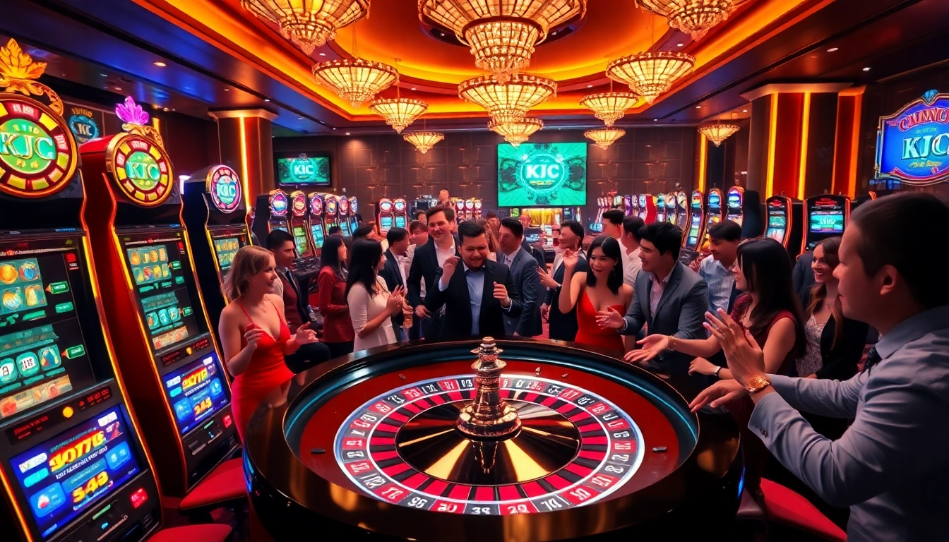 Players celebrating at a KJC casino roulette table filled with vibrant lights and thrilling energy.