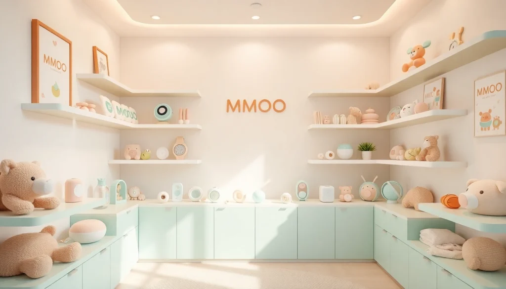Stylish MMOO baby products displayed in a cozy nursery, creating a warm and welcoming atmosphere.