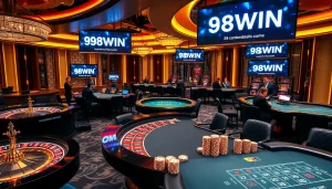 Engaging in a thrilling game at 98WIN casino with vibrant tables and luxurious ambiance.