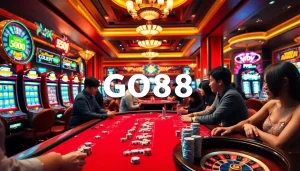 Engaged players at a GO88 casino table surrounded by vibrant slot machines and luxury decor.