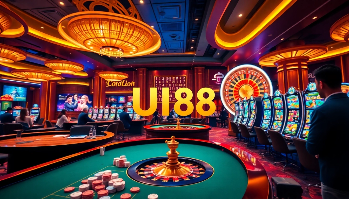 Exciting scene of UU88 online casino with vibrant tables, slot machines, and roulette wheel.