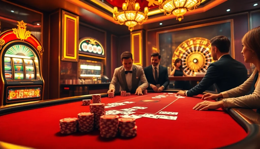 Người chơi đang thưởng thức một ván poker đầy kích động tại casino CG79, được bao quanh bởi các máy đánh bạc rực rỡ và bánh xe roulette.