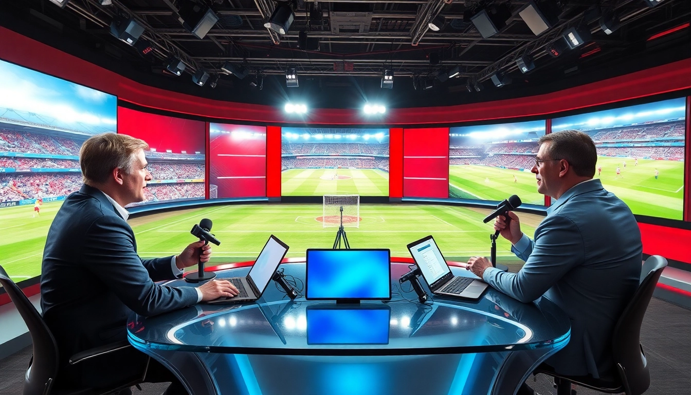 Engaging sports broadcasting studio with hosts analyzing live game events.