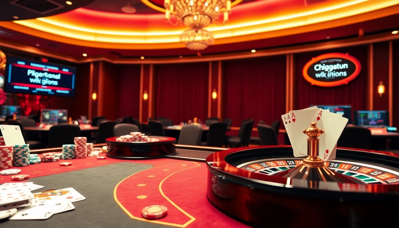 Engaging scene of a casino table featuring poker chips and roulette wheels, with references to hidden wiki onion links.