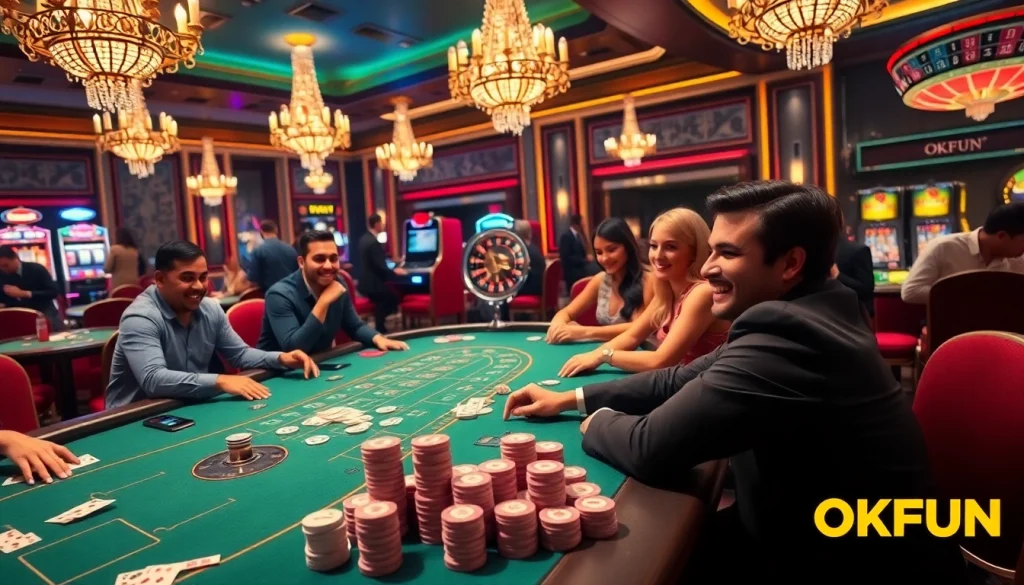 Experience thrilling games at OKFUN casino with vibrant tables, chips, and excitement.
