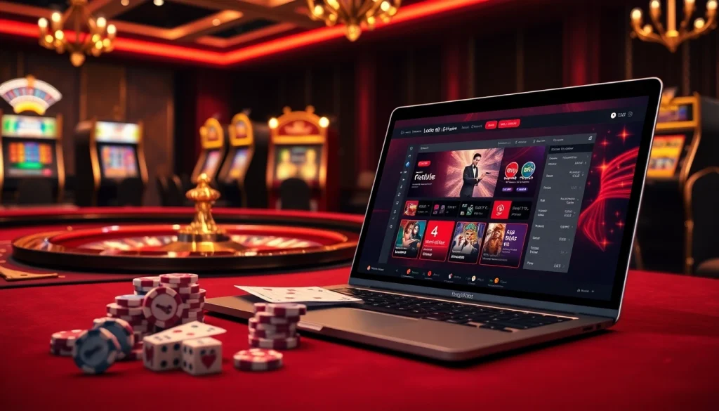 Exciting LODE88 online casino scene with poker chips, roulette, and sleek interface.