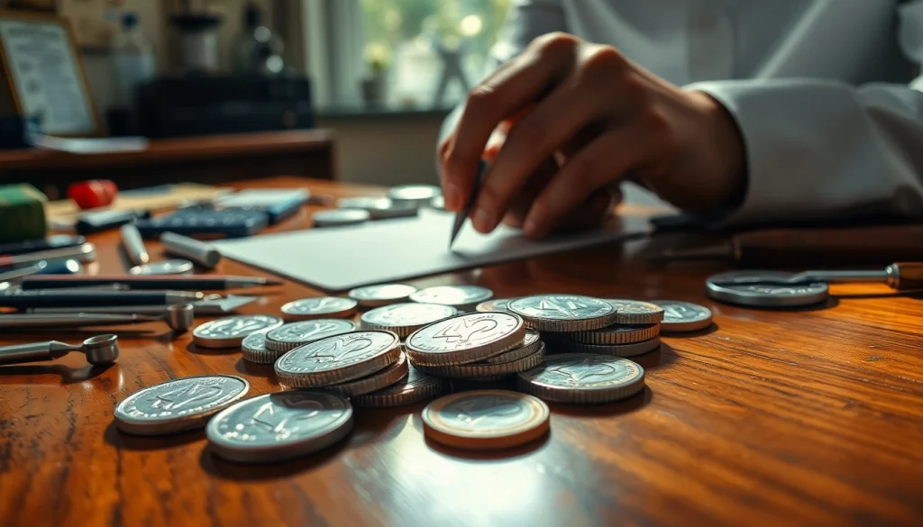Valutazione di compro argento con monete e strumenti professionali su un tavolo.
