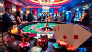 Exciting casino action at Nhà Cái MMOO with roulette, poker chips, and vibrant slot machines.