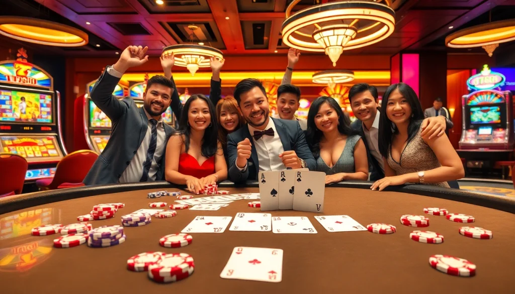 Gamblers enjoying a winning hand at a TT88 branded poker table with vibrant casino ambiance.