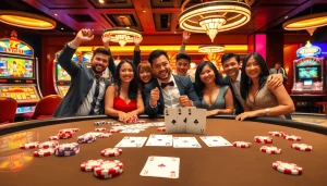 Gamblers enjoying a winning hand at a TT88 branded poker table with vibrant casino ambiance.