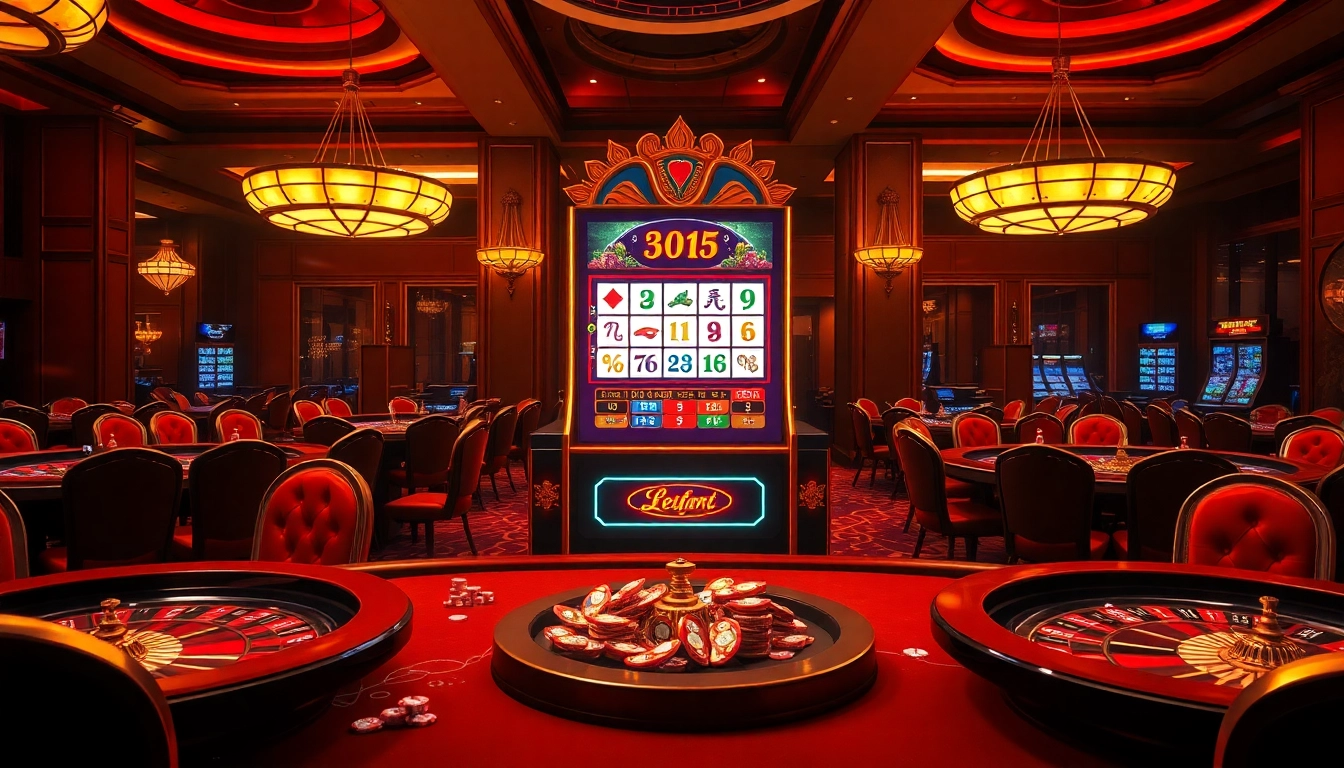 Experience the thrill of a mahjong slot demo amidst luxury casino elements including roulette wheels and poker chips.