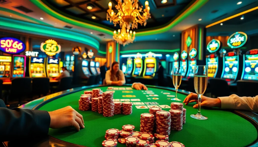 Số Đỏ 66 poker players at a glamorous casino table surrounded by luxurious decor.