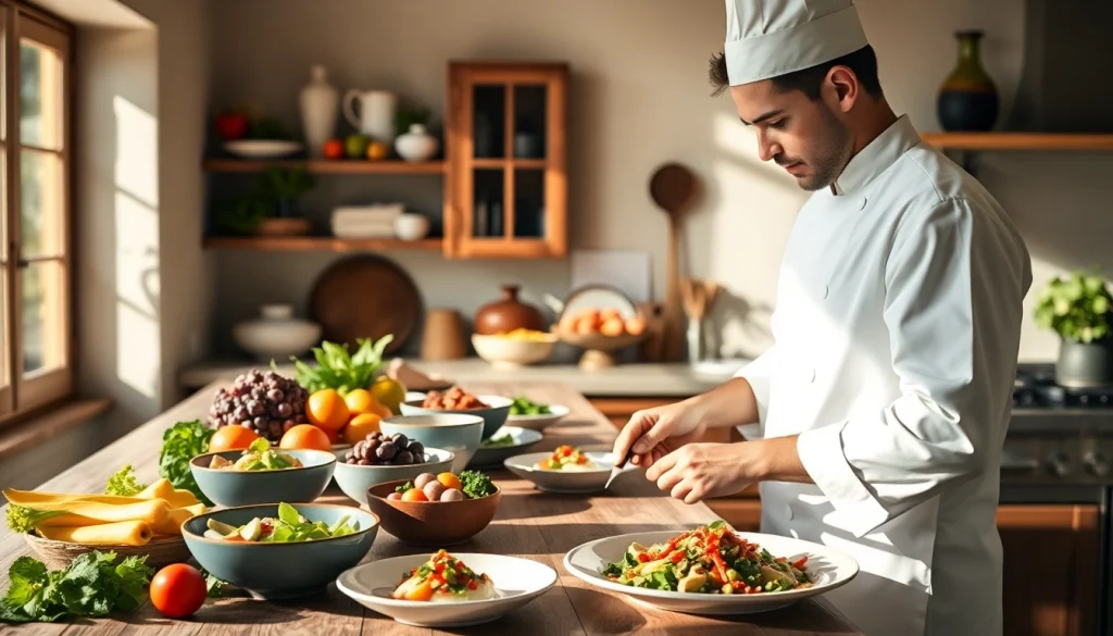 Engaging private chef in Sint Maarten crafting gourmet meals in a sunny villa kitchen.