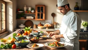 Engaging private chef in Sint Maarten crafting gourmet meals in a sunny villa kitchen.