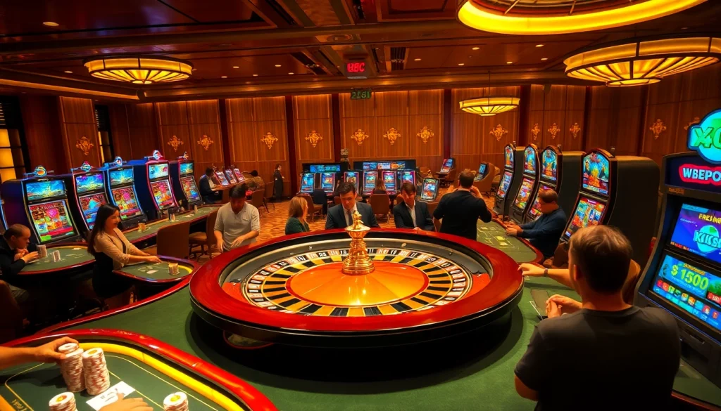 Players engaging in thrilling games at ok88 casino featuring roulette and poker tables.
