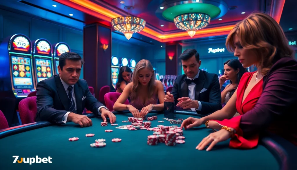 Engaging poker players at a luxurious casino showcasing the thrilling 7upbet experience.