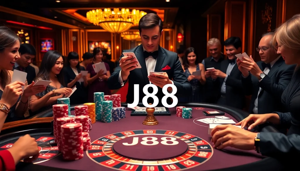 J88 poker players strategizing bets at an elegant casino table.