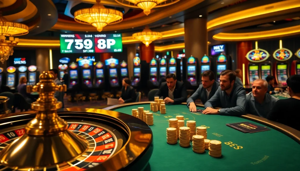 Engage in the thrill of gaming with 789P at a luxurious casino featuring roulette and poker tables.