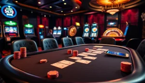 Gambling enthusiasts enjoying a thrilling poker game at S8 Casino with colorful chips and cards.