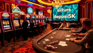 adegan kasino situs deposit 5k dengan pemain antusias di mesin slot dan meja poker