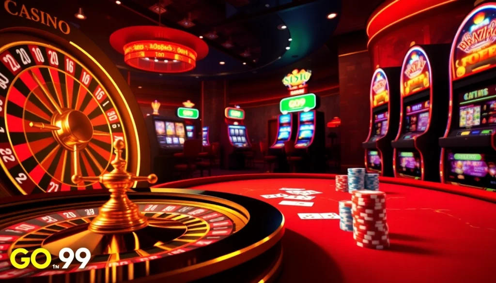 Experience thrilling gameplay at GO99 casino with elegant poker tables and vibrant slot machines.