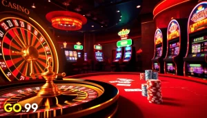 Experience thrilling gameplay at GO99 casino with elegant poker tables and vibrant slot machines.