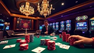 Nohu90 casino table with vibrant poker chips and engaging dealer in a luxurious atmosphere.