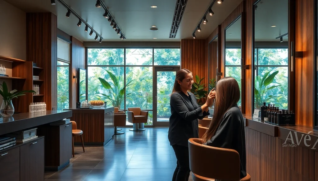Aveda salon San Diego interior showcasing a stylist applying highlights in a relaxing environment.