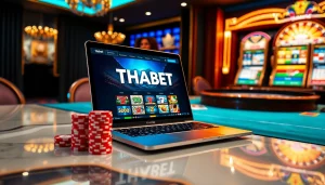 Players enjoy thrilling games at THABET's premium online casino interface, with poker chips and roulette.