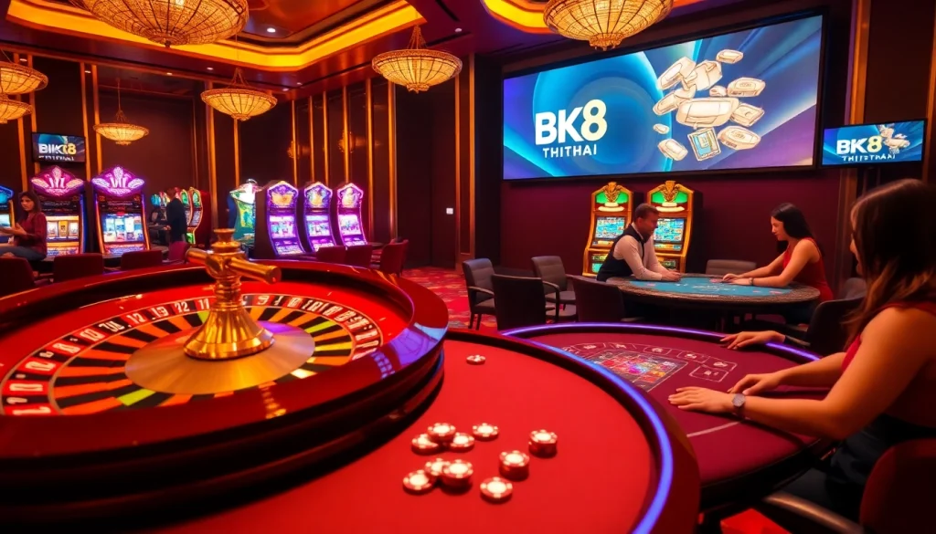 Players enjoying exciting games at BK8Thai Casino with vibrant roulette and blackjack tables.
