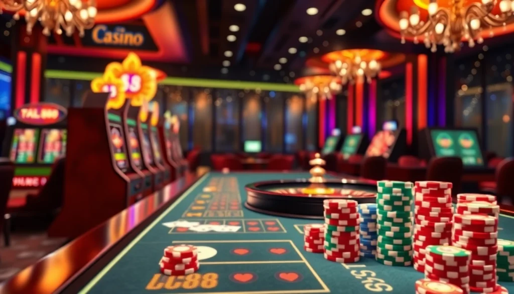 Exciting online gambling scene at LC88 with vibrant slot machines and poker chips.