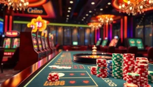 Exciting online gambling scene at LC88 with vibrant slot machines and poker chips.