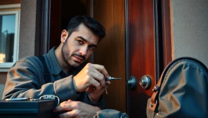 Professioneller Schlüsseldienst in Wiesbaden repariert ein Türschloss mit Spezialwerkzeugen für Schlüsseldienst Wiesbaden.