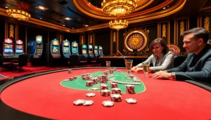 Experience the thrill of gambling at https://rikvip368.com with an exciting poker table scene filled with chips and players.